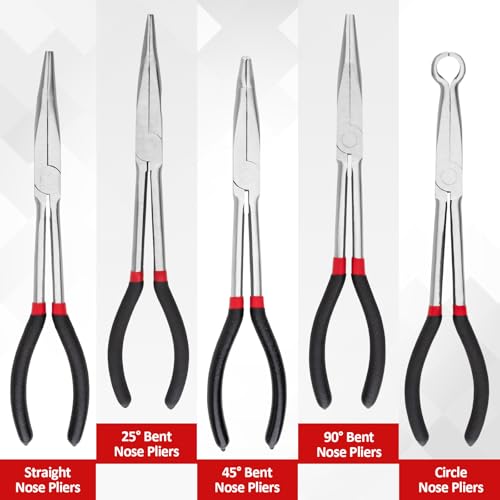 5Pcs Bent Nose Pliers 11 Inch Extra Long Needle Nose Pliers Set | Straight, 25°/45°/90° Bent, Circle Nose for Narrow Spaces, Hard to Reach Areas & Precision Work
