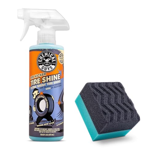 Chemical Guys Tire Kicker Sprayable Extra Glossy Tire Shine, 16 Fl Oz | With Wonder Wave applicator for cars, trucks, and SUVs, sprayable water-based tire dressing and applicator kit - size: 16 Fl Oz (Pack of 1), style: With Applicator