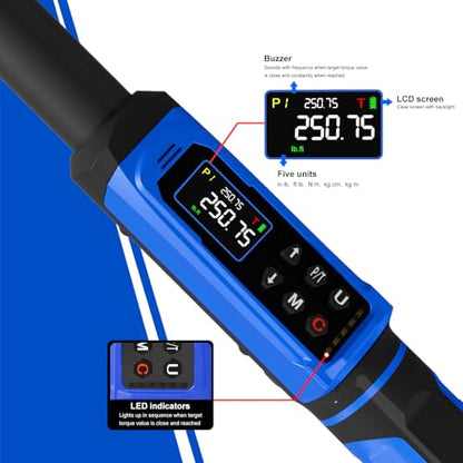 Digital Torque Wrench 1/2" Drive 3.8-250.8FT.LB (5-340Nm),Electronic Torque Wrench ±1% High Accuracy,5 Units LCD with Buzzer & LED Alerts For Car Bike Moto Truck - size: 1/2" 3.8-250.8 FT.LB