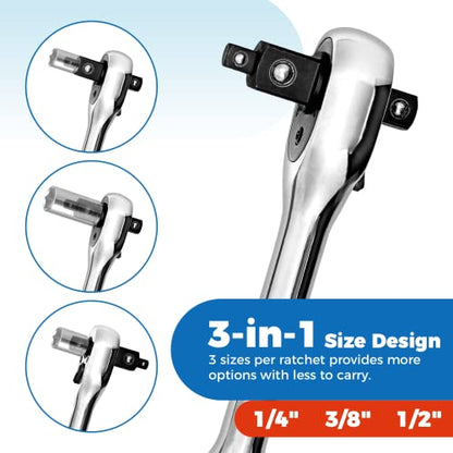 Der Erwachte 3-IN-1 Ratchet Handle | 1/4", 3/8", 1/2", Ratchet Wrench, Socket Wrench, 72-Tooth, Reversible Switch, Full-Polished Chrome Plating, Cr-V Steel - size: 3IN1 Ratchet