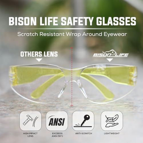 BISON LIFE Clear Safety Glasses – ANSI Z87.1 Certified Scratch & Impact Resistant Eye Protection Goggles for Men & Women - color: Clear/Yellow