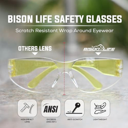 BISON LIFE Clear Safety Glasses – ANSI Z87.1 Certified Scratch & Impact Resistant Eye Protection Goggles for Men & Women - color: Clear/Yellow