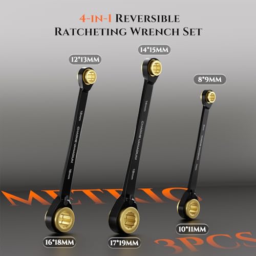 SUZUME 4 in 1 Ratchet Wrench 3-Piece Metric Reversible Ratcheting | 8,9,10,11,12,13,16,18,14,15,17,19mm with Storage Bag and EVA Foam 15K Gear Cycles for Vehicle Motorcycle Engine Bike DIY - size: Metric