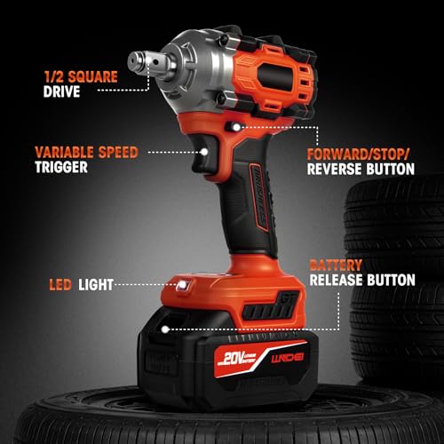 LLNDEI Cordless Impact Wrench 1/2 Inch, Power Impact Gun Kit, Max 550N.M/405Ft-lbs, 3900RPM, High Torque Electric Impact Driver with Drill Bits, Screwdriver Bits and sockets
