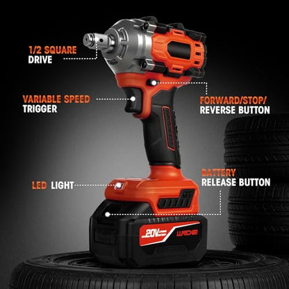 LLNDEI Cordless Impact Wrench 1/2 Inch, Power Impact Gun Kit, Max 550N.M/405Ft-lbs, 3900RPM, High Torque Electric Impact Driver with Drill Bits, Screwdriver Bits and sockets