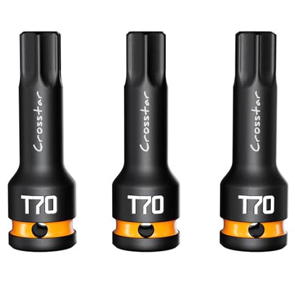 Crosstar 3pcs T70 Impact Torx Bit Socket Set, 1/2" Drive Cr-Mo Steel, Long High Impact Star Sockets for Automotive & Heavy-Duty Use, Professional Mechanic Tools with Transparent Case - size: T70 (Long)