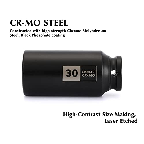 EMENTOL 1/2 Inch Drive Deep Spindle Axle Nut Impact Socket, CR-MO, 12 Point, Metric, Deep 12PT Impact Socket - 30mm - size: 30mm