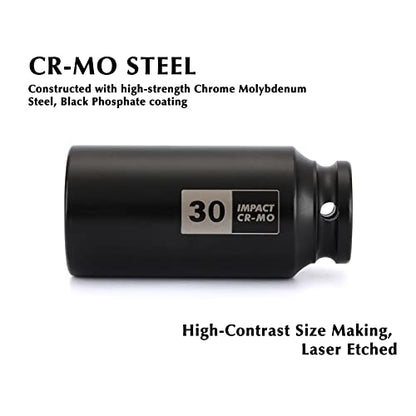 EMENTOL 1/2 Inch Drive Deep Spindle Axle Nut Impact Socket, CR-MO, 12 Point, Metric, Deep 12PT Impact Socket - 30mm - size: 30mm