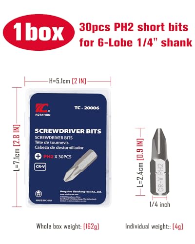 ROTATION 30pcs Phillips #2 Bit Set PH2, Impact Grade, 1/4" Hex Shank | PH2, Impact Grade, 1/4-inch Hex Shank, Chrome Vanadium Steel - color: Ph2
