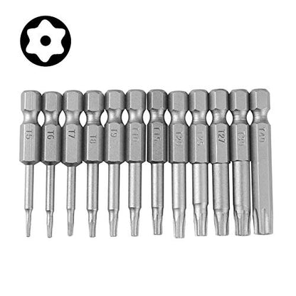 Yakamoz 12pcs 1/4 Inch Hex Shank T5-T40 Torx Head Screw Driver Bit Set Security Tamper Proof Star 6 Point Screwdriver Kit Tools - color: 12pcs/ 50mm