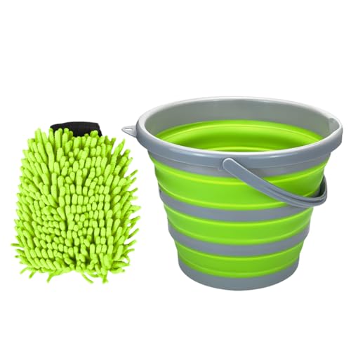 Collapsible Bucket with 3-in-1 Car Wash Mitt, Multiuse 10L Portable Plastic Bucket with Handle, Coral Velvet & Chenille Wash Mitt, Car Cleaning Kit for Vehicle, Household