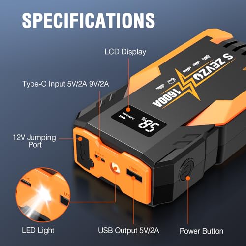 S ZEVZO Jump Starter 1000A Peak Portable Jump Starter for Car (Up to 7.0L Gas 5.5L Diesel Engine) 12V Auto Battery Booster Pack with Jumper Clamps