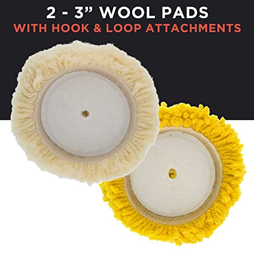 TCP Global Brand 3" Mini Buffing and Polishing Pad Kit with 4 Pads (2 Foam, 2 Wool), Backing Plate, and 1/4" Drill Adapter