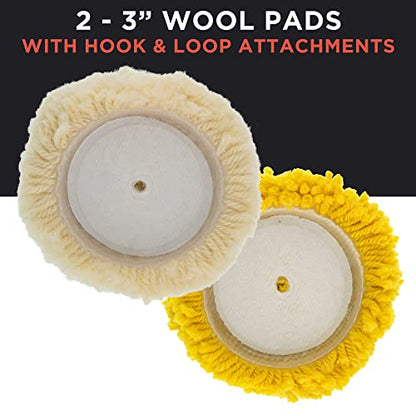 TCP Global Brand 3" Mini Buffing and Polishing Pad Kit with 4 Pads (2 Foam, 2 Wool), Backing Plate, and 1/4" Drill Adapter