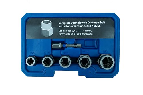 Century Drill & Tool 6 Piece Bolt Extractor Set 73425; securely grips damaged bolts and fasteners, impact ready socket adapter included - size: 6 Piece