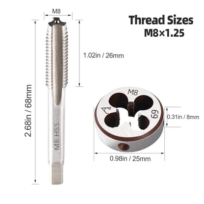 M8 x 1.25 Metric Thread Tap and Die Set, M8 x 1.25mm High-speed Steel Machine Tap Die Set Right Hand - size: M8 x 1.25mm
