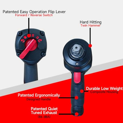 1/2" Extreme Composite Air Impact Wrench, 1,657 ft-lbs Max Reverse Torque, Heavy Duty Pneumatic Impact Gun for Automotive Repair, Twin Hammer, Lightweight