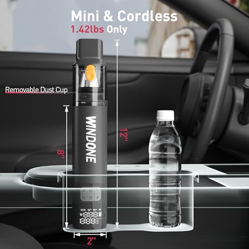 Windone Car Vacuum, 12000Pa 2-in-1 Cleaner & Tire Inflator 150PSI | 60W Brushless Motor, Cordless Handheld Vacuum & Air Pump with Pressure Gauge, LED Light, Multi-Nozzles for Car, Home, Office
