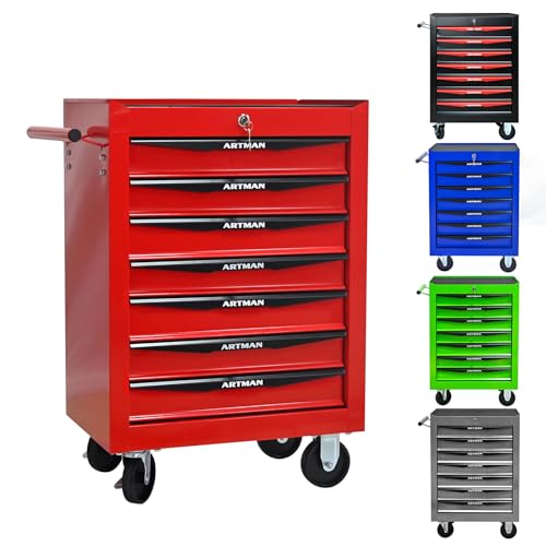 7-Drawer Rolling Tool Chest, Lockable for Garage, Red | Mobile Mechanic Tool Cabinet with Ball Bearing Slides, Heavy Duty Metal Tool Box Organizer for Storage - color: Red, size: 7-Drawers