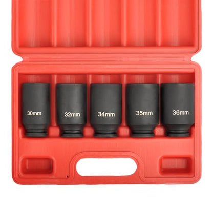1/2" Drive 12-Point Cr-Mo Deep Axle Nut Impact Socket Set, 5PC | Heavy-Duty Cr-Mo Steel, Fits 30-36mm (5PC), 12-Point Anti-Round-Off Design, Clear Laser Markings, Carrying Case Included - color: 5pcs