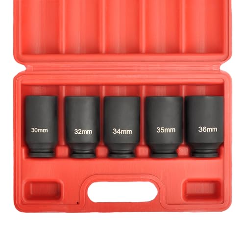 1/2" Drive 12-Point Cr-Mo Deep Axle Nut Impact Socket Set, 5PC | Heavy-Duty Cr-Mo Steel, Fits 30-36mm (5PC), 12-Point Anti-Round-Off Design, Clear Laser Markings, Carrying Case Included - color: 5pcs