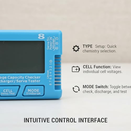 RC 8 Digital Battery Tester with LCD Display Manage 8 LiPo Life Li Ion Batteries Voltage Tester Compatible with 2-8S NiCd NiMH Battery Monitor Dual-Function Capacity Checker