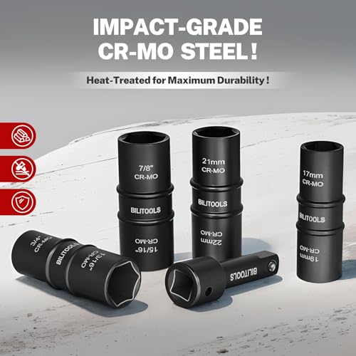 BILITOOLS 5pc Flip Lug Nut Socket Set, 1/2" Drive Metric & SAE Non-Marring | CR-MO Steel, Thin Wall, 6-Point Flank Drive, Metric 17-22mm & SAE 3/4-15/16", Color-Coded, Impact-Rated, Storage Case - style: Standard Metric & SAE