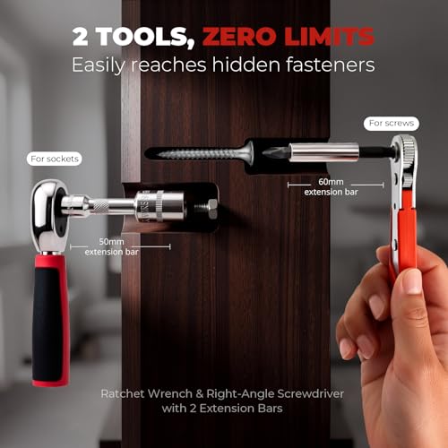 48Pcs 1/4" Mini Ratchet Socket Wrench and Screwdriver Set & Bits | 72-Tooth Ratchet Wrench , Right Angle Ratchet Screwdriver & extension for Auto, motorcycle, Bike Repair & Tight Space DIY