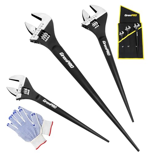 GRENPRO 4-Piece Adjustable Spud Wrench Set with Gloves, 10" 12" 16" Large Crescent Plumbers Wrenches sets for Crowbar Pipe Fitting Pipefitter Construction Tools, SAE/Metric Scales, CR-V, Black Oxide
