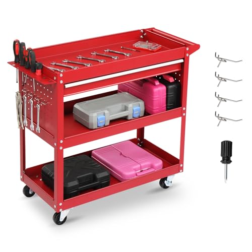 Winado 3 Tier Steel Utility Tool Cart with Drawer & Pegboard, Red | 330 lbs Capacity Rolling Service Cart with Lockable Wheels, Heavy Duty Garage Workshop Tool Storage for Warehouse, Factory