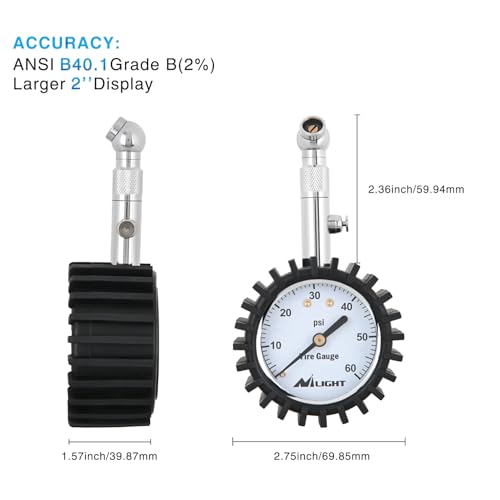 Nilight Tire Pressure Gauge 60PSI Heavy Duty Stainless Steel Air Chucks ANSI B40.1 Certified Large 2" Dial Wheel Service Checker for Truck Semi Truck ATV Motorhome Cars & RV Accessories - color: 60psi Tire Gauge