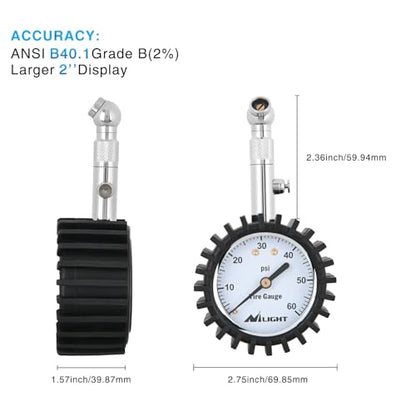 Nilight Tire Pressure Gauge 60PSI Heavy Duty Stainless Steel Air Chucks ANSI B40.1 Certified Large 2" Dial Wheel Service Checker for Truck Semi Truck ATV Motorhome Cars & RV Accessories - color: 60psi Tire Gauge