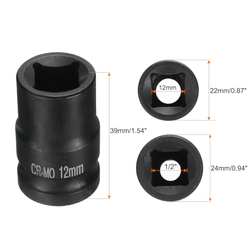 HARFINGTON 2pcs 4 Point Square Socket 1/2" Drive 12mm Metric Square Impact Socket CR-MO Blackening Standard Wheel Sockets Pneumatic Socket Tool for Auto Repair Mechanical Maintenance Home Use - size: 12mm
