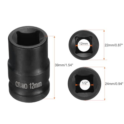 HARFINGTON 4 Point Square Socket 1/2" Drive 12mm Metric Square Impact Socket CR-MO Blackening Standard Wheel Sockets Pneumatic Socket Tool for Auto Repair Mechanical Maintenance Home Use - size: 12mm