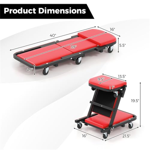 Garage Creeper for Under Vehicle Work, Mechanic Creeper, Rolling Creeper with 6 Swivel Casters, Padded Garage Repair Cart for Under Car Work, Low Profile Shop Creeper, Car Repair Slider Tool - Red