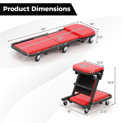 Garage Creeper for Under Vehicle Work, Mechanic Creeper, Rolling Creeper with 6 Swivel Casters, Padded Garage Repair Cart for Under Car Work, Low Profile Shop Creeper, Car Repair Slider Tool - Red