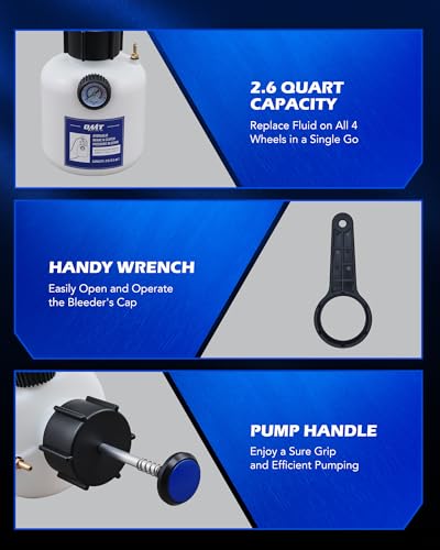 Orion Motor Tech Brake Bleeder Kit, One Person 2.5L Brake Fluid Extractor Compatible with Ford VW BMW More, Brake Pressure Bleeder with 2.6qt Bottle Vacuum Gauge Hose Cap Wrench & European Adapter - size: 42mm Adapter
