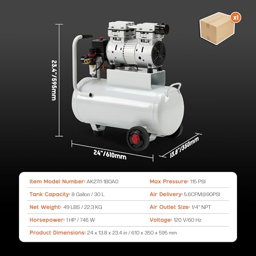 Albott 8 Gallon Oil-Free Air Compressor with Automatic Drain Valve | 1 HP Wheeled Tank Portable Garage Air Supply 70 dB Noise Level Pneumatic Tool Tire Inflation Use - style: 8 Gal