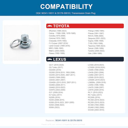 Transmission Drain Plug, with Gasket Oil Drain Plug, 2PCS, (Steel) | Compatiblr with Toyota 4Runner Corolla Land Cruiser RAV4 Tacoma Tundra Sequoia Lexus GS GX IS LC, OE 90341-10011 35178-30010
