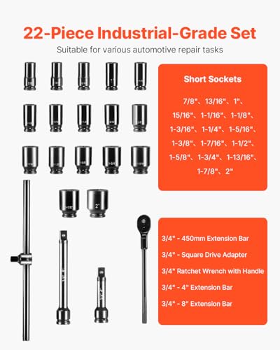 VEVOR Impact Socket Set 3/4 Inches 22 Piece Deep Impact Sockets, 6-Point Sockets, Rugged Construction, CR-V Drive Socket Set Impact SAE 13/16 inch - 2 inch, Includes Carrying Case and Ratchet Handle - style: 3/4" 22PCS