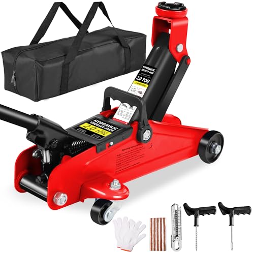 Steel Floor Jack Quick Rise Piston Pump Low Profile, Car Jack Service Jack, Farm Jack, 2 Ton (4,000 lbs.) - color: 2Ton with Tire repair kit Red