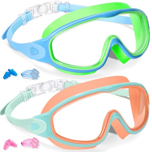 Keary 2 Pack Kids Swim Goggles for 3-15 UV Protection Anti-Fog Pool Water Swimming Goggles for Boys Girls Youth Toddler - color: Orange & Green