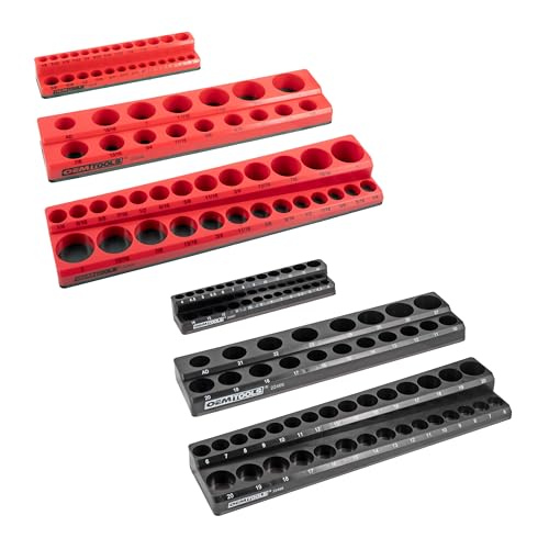 OEMTOOLS 22460 6 Pack Set Metric and SAE Magnetic Socket Tray Set, Red and Black Socket Organizers, 1/4, 3/8, 1/2 Inch Drive Socket Organizer Tray Set - style: 6Pc Red & Black