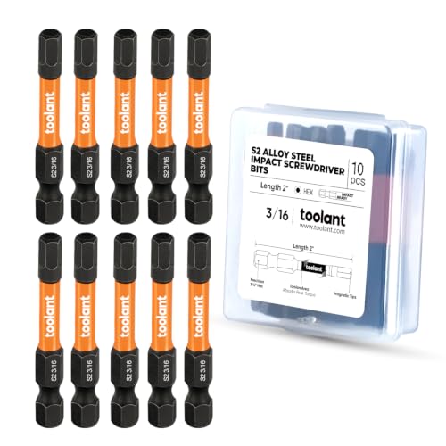 toolant 3/16" Impact Hex Bits Set 10pcs,1/4” Hex-Shank Allen Wrench Drill Bit Set, S2 Steel, CNC Machined Tips with Magnetism, 2” Long with Storage Box - size: 3/16"(10pcs)