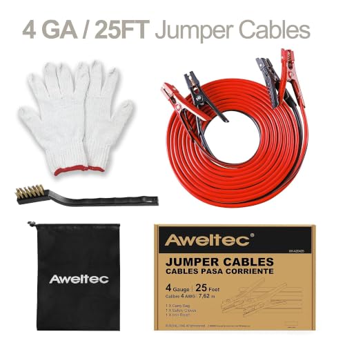 Heavy Duty Jumper Cables,4 Gauge 25 Feet Battery Booster Cable,Automotive Wires with Alligator Clamps,Carrying Bag,Safety Gloves and Iron Brush for Cars Trucks - size: 4 Gauge 25 feet (Standard)