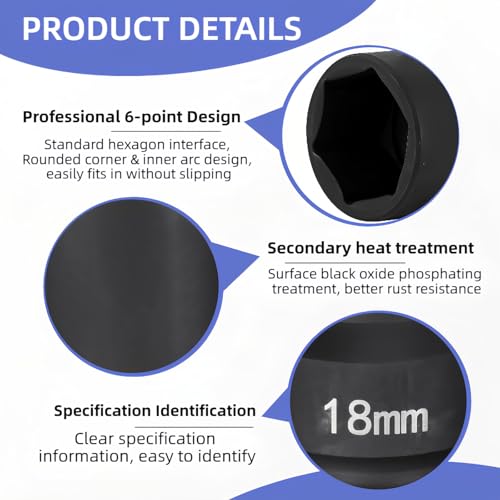 3/4"Drive x 18mm Metric, 6-Point Deep Impact Socket, Axle Nut Impact Socket | 40CR Alloy Steel,Clear labeling, Common Tools for Car Repair/Mechanical Work/Construction/Carpentry and Home Maintenance - size: 18mm