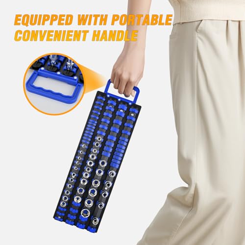 GOOACC Socket Organizer Tray 1/4 inch 3/8 inch 1/2 inch Socket Holder Portable Socket Rail Organizer Trays for Tool Box Drawer Holds 80-Piece SAE Metric Socket Sets, 1Pcs Set Black Rails Blue Clips - size: 1 Set Tray 1/4"3/8"1/2" Blue