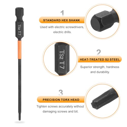 HARFINGTON 3pcs T7 Torx Head Screwdriver Bit 4" (100mm) Long 1/4" Hex Shank Magnetic No Hole Tamper Proof 6 Point Star Screw Driver Drill Bits Phosphate S2 Steel Industrial Power Tools - size: T7 x 100mm