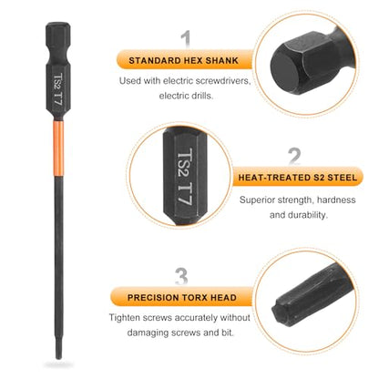 HARFINGTON 3pcs T7 Torx Head Screwdriver Bit 4" (100mm) Long 1/4" Hex Shank Magnetic No Hole Tamper Proof 6 Point Star Screw Driver Drill Bits Phosphate S2 Steel Industrial Power Tools - size: T7 x 100mm