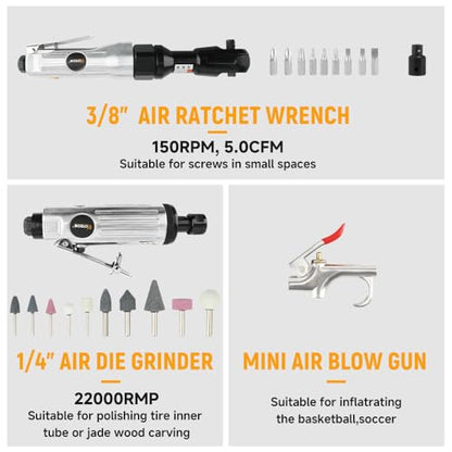 Hoteche 71-Piece Air Tool Kit | 1/2" Single-Hammer Air Impact Wrench (7000RPM), 1/2" Air Ratchet Wrench & Multiple Tools, Blow-Molded Case